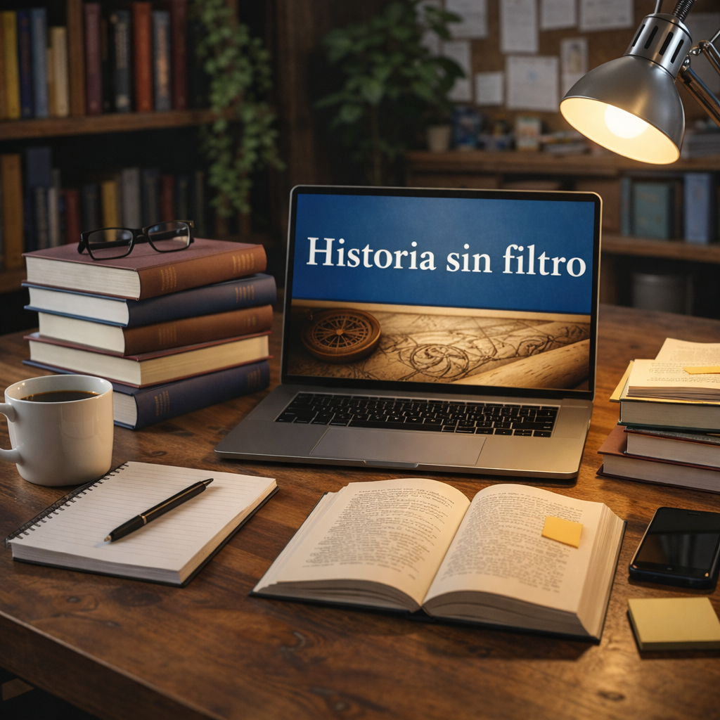 Open ancient book with sketches and handwriting, surrounded by vintage books, globe, candle, magnifying glass, and feather quill