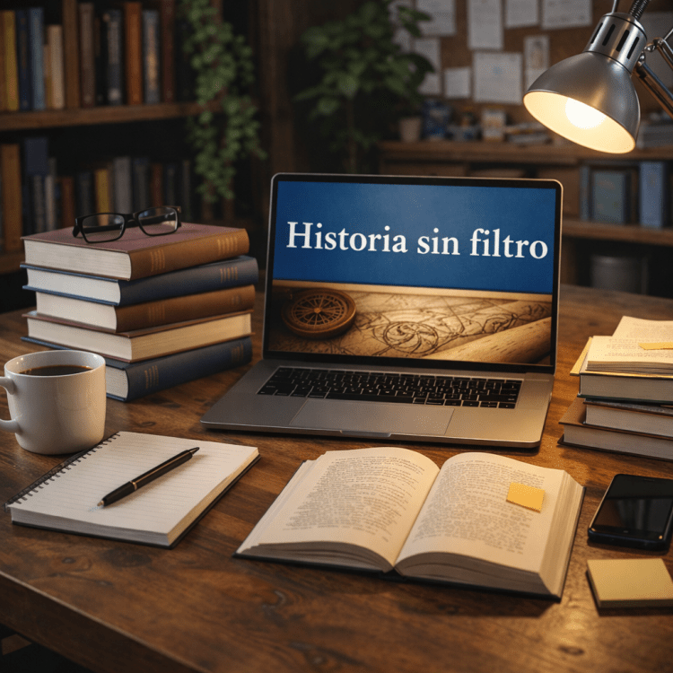 Open ancient book with sketches and handwriting, surrounded by vintage books, globe, candle, magnifying glass, and feather quill